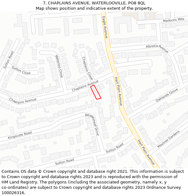 7, CHAPLAINS AVENUE, WATERLOOVILLE, PO8 8QL: Location map and indicative extent of plot