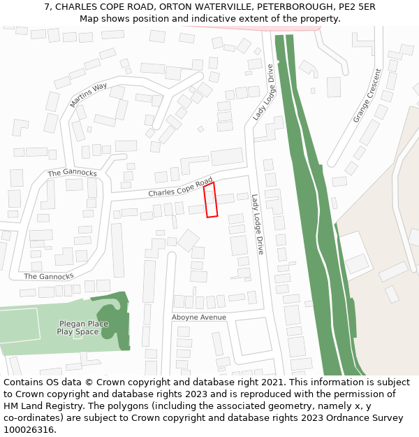 7, CHARLES COPE ROAD, ORTON WATERVILLE, PETERBOROUGH, PE2 5ER: Location map and indicative extent of plot