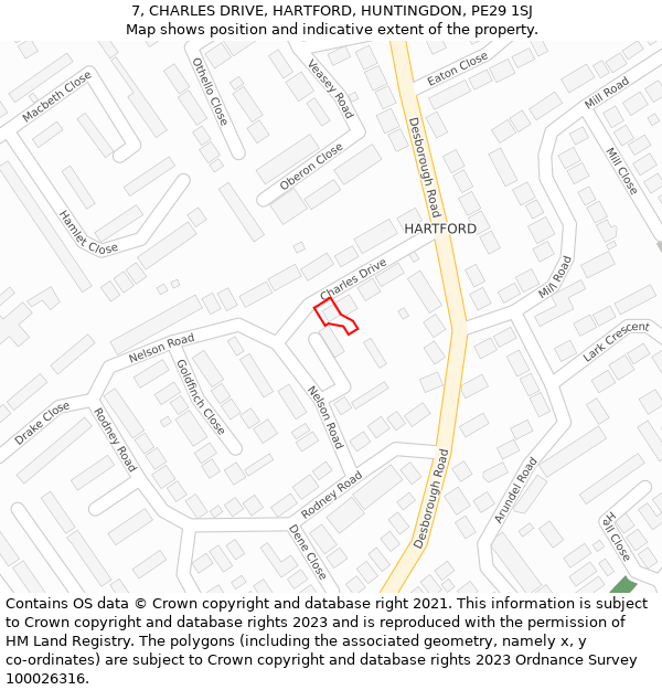 7, CHARLES DRIVE, HARTFORD, HUNTINGDON, PE29 1SJ: Location map and indicative extent of plot