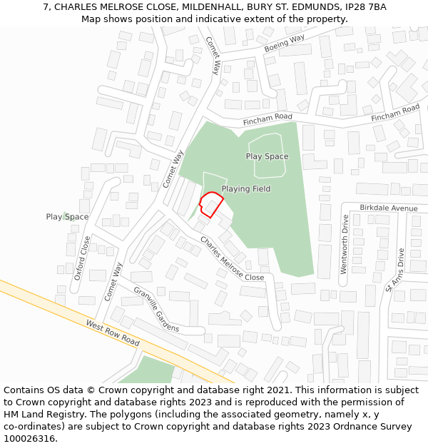 7, CHARLES MELROSE CLOSE, MILDENHALL, BURY ST. EDMUNDS, IP28 7BA: Location map and indicative extent of plot