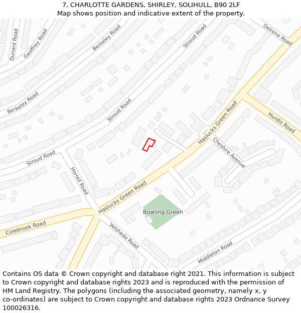 7, CHARLOTTE GARDENS, SHIRLEY, SOLIHULL, B90 2LF: Location map and indicative extent of plot