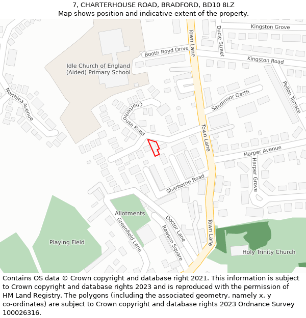 7, CHARTERHOUSE ROAD, BRADFORD, BD10 8LZ: Location map and indicative extent of plot