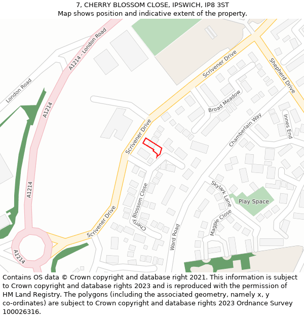 7, CHERRY BLOSSOM CLOSE, IPSWICH, IP8 3ST: Location map and indicative extent of plot
