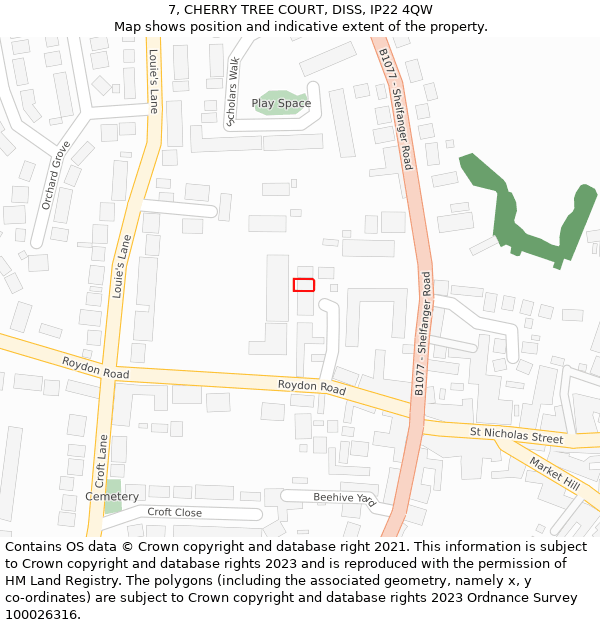 7, CHERRY TREE COURT, DISS, IP22 4QW: Location map and indicative extent of plot