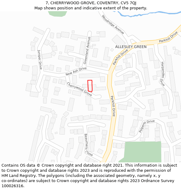 7, CHERRYWOOD GROVE, COVENTRY, CV5 7QJ: Location map and indicative extent of plot