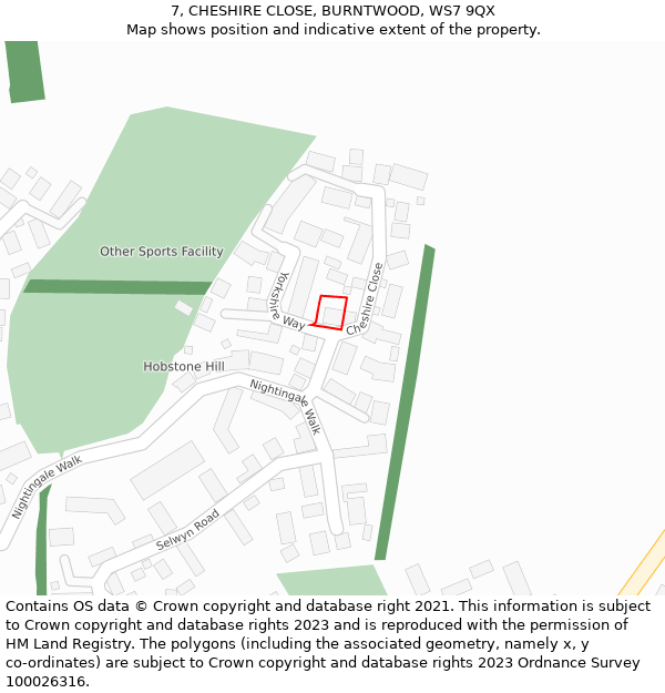 7, CHESHIRE CLOSE, BURNTWOOD, WS7 9QX: Location map and indicative extent of plot
