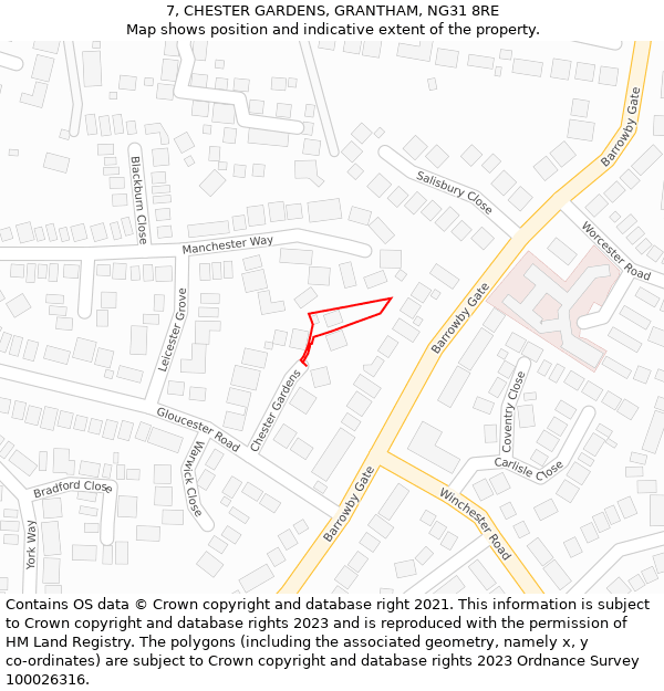 7, CHESTER GARDENS, GRANTHAM, NG31 8RE: Location map and indicative extent of plot