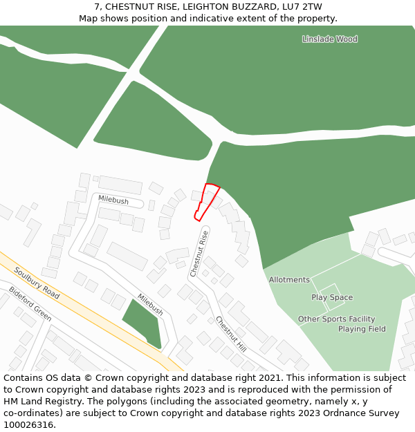 7, CHESTNUT RISE, LEIGHTON BUZZARD, LU7 2TW: Location map and indicative extent of plot