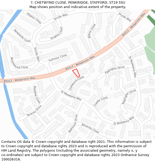 7, CHETWYND CLOSE, PENKRIDGE, STAFFORD, ST19 5SU: Location map and indicative extent of plot