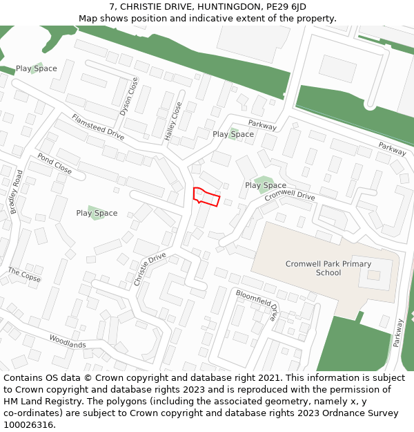 7, CHRISTIE DRIVE, HUNTINGDON, PE29 6JD: Location map and indicative extent of plot