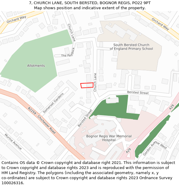 7, CHURCH LANE, SOUTH BERSTED, BOGNOR REGIS, PO22 9PT: Location map and indicative extent of plot