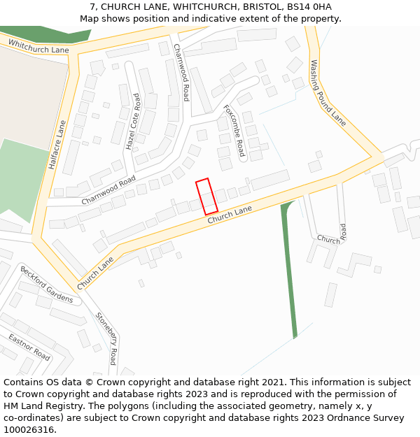7, CHURCH LANE, WHITCHURCH, BRISTOL, BS14 0HA: Location map and indicative extent of plot