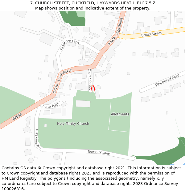 7, CHURCH STREET, CUCKFIELD, HAYWARDS HEATH, RH17 5JZ: Location map and indicative extent of plot