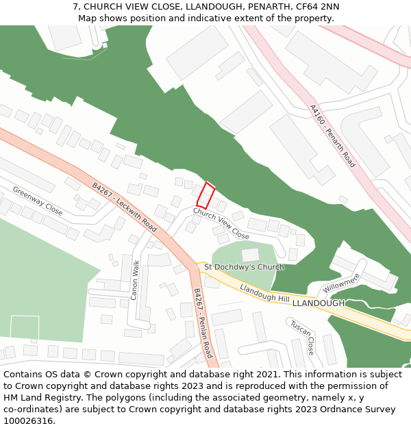 7, CHURCH VIEW CLOSE, LLANDOUGH, PENARTH, CF64 2NN: Location map and indicative extent of plot