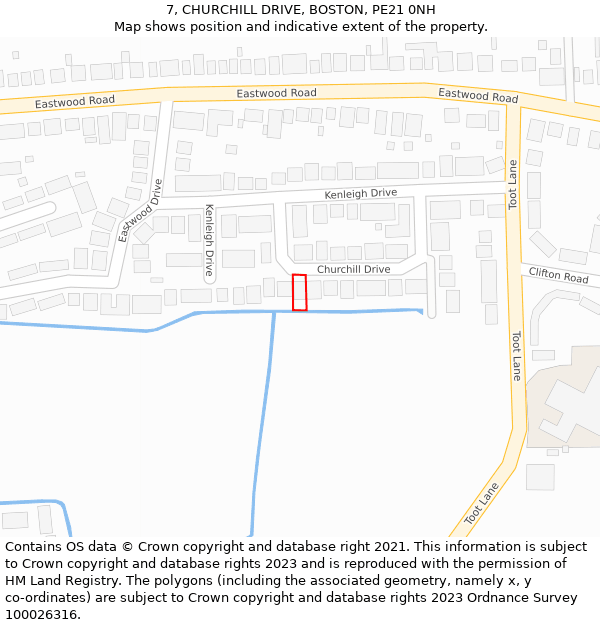 7, CHURCHILL DRIVE, BOSTON, PE21 0NH: Location map and indicative extent of plot