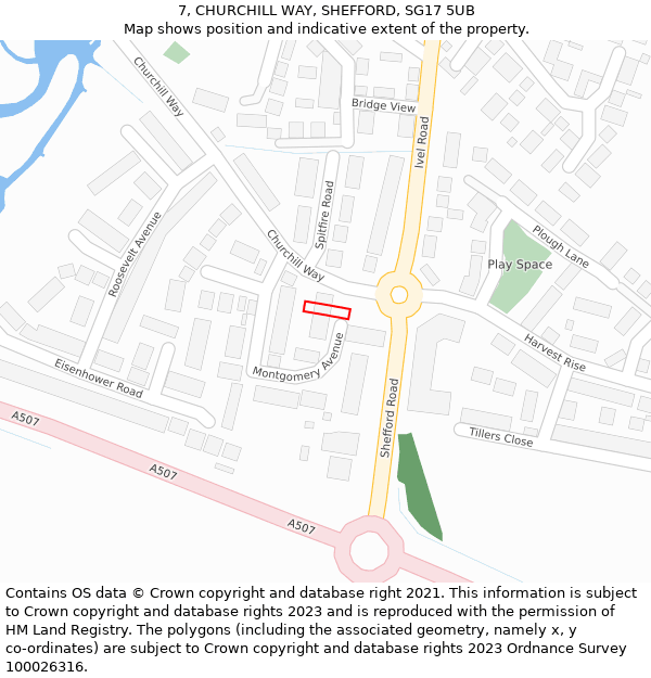 7, CHURCHILL WAY, SHEFFORD, SG17 5UB: Location map and indicative extent of plot