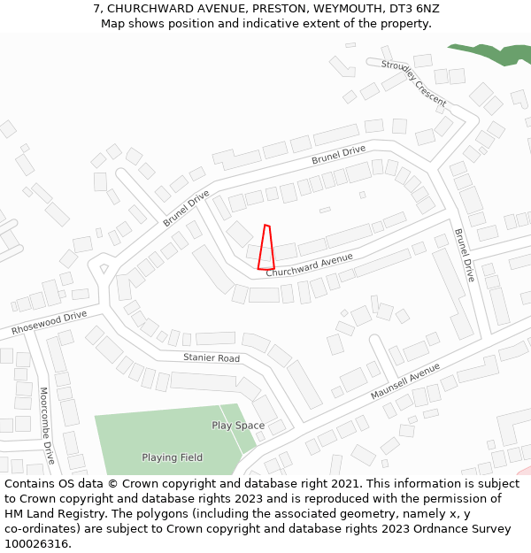 7, CHURCHWARD AVENUE, PRESTON, WEYMOUTH, DT3 6NZ: Location map and indicative extent of plot