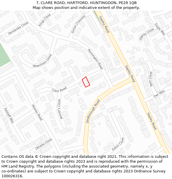 7, CLARE ROAD, HARTFORD, HUNTINGDON, PE29 1QB: Location map and indicative extent of plot