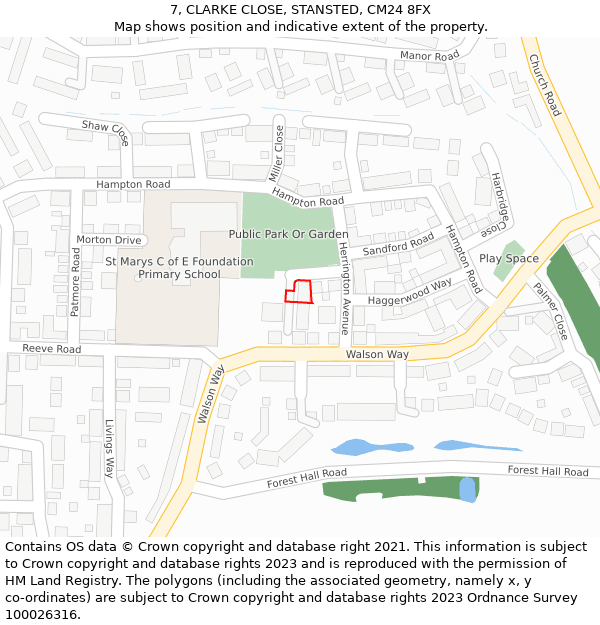 7, CLARKE CLOSE, STANSTED, CM24 8FX: Location map and indicative extent of plot