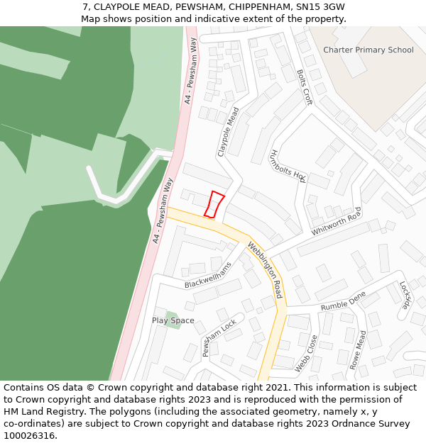 7, CLAYPOLE MEAD, PEWSHAM, CHIPPENHAM, SN15 3GW: Location map and indicative extent of plot