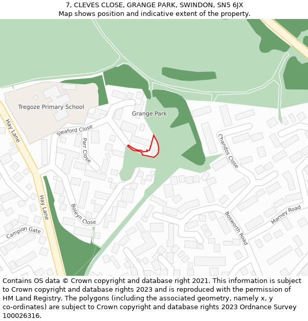 7, CLEVES CLOSE, GRANGE PARK, SWINDON, SN5 6JX: Location map and indicative extent of plot