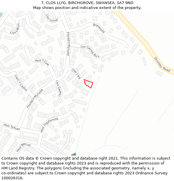 7, CLOS LLYG, BIRCHGROVE, SWANSEA, SA7 9ND: Location map and indicative extent of plot