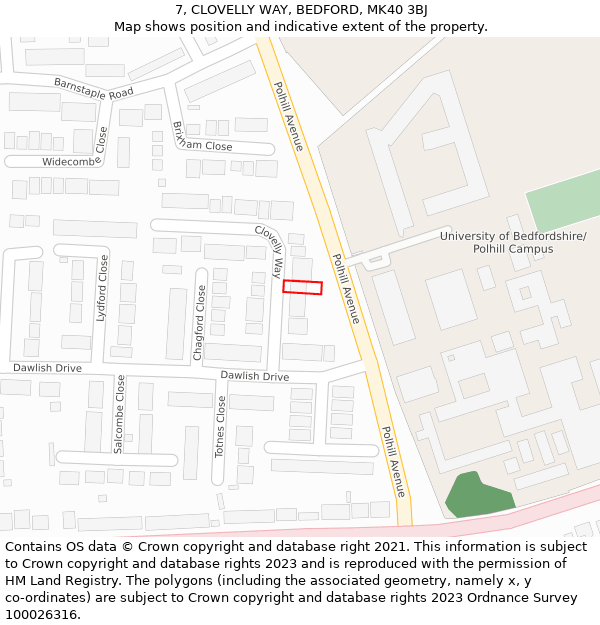 7, CLOVELLY WAY, BEDFORD, MK40 3BJ: Location map and indicative extent of plot