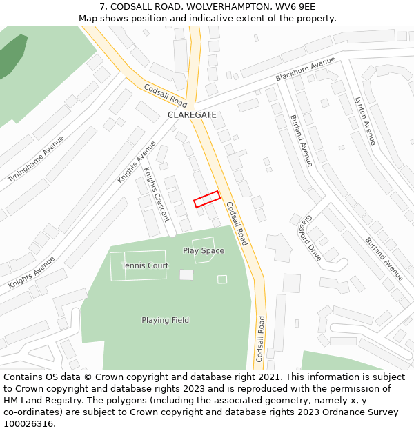 7, CODSALL ROAD, WOLVERHAMPTON, WV6 9EE: Location map and indicative extent of plot