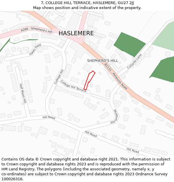 7, COLLEGE HILL TERRACE, HASLEMERE, GU27 2JJ: Location map and indicative extent of plot