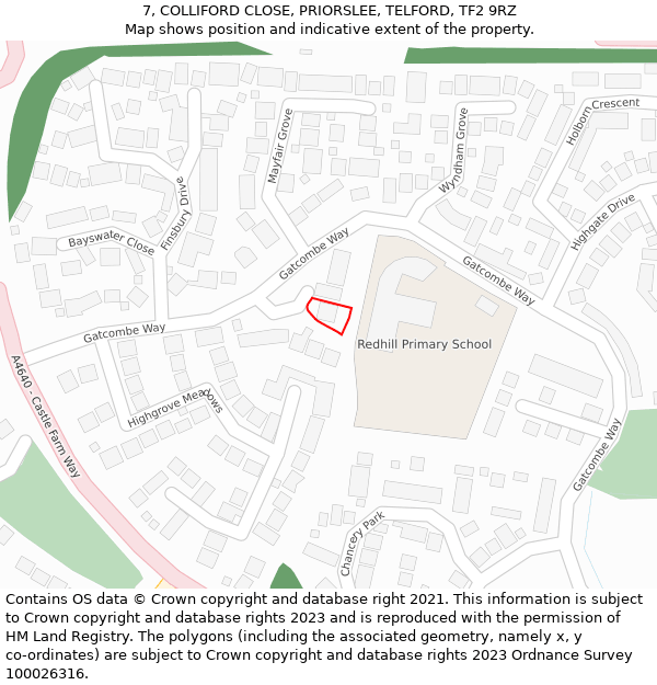 7, COLLIFORD CLOSE, PRIORSLEE, TELFORD, TF2 9RZ: Location map and indicative extent of plot