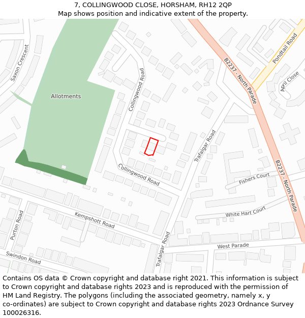 7, COLLINGWOOD CLOSE, HORSHAM, RH12 2QP: Location map and indicative extent of plot