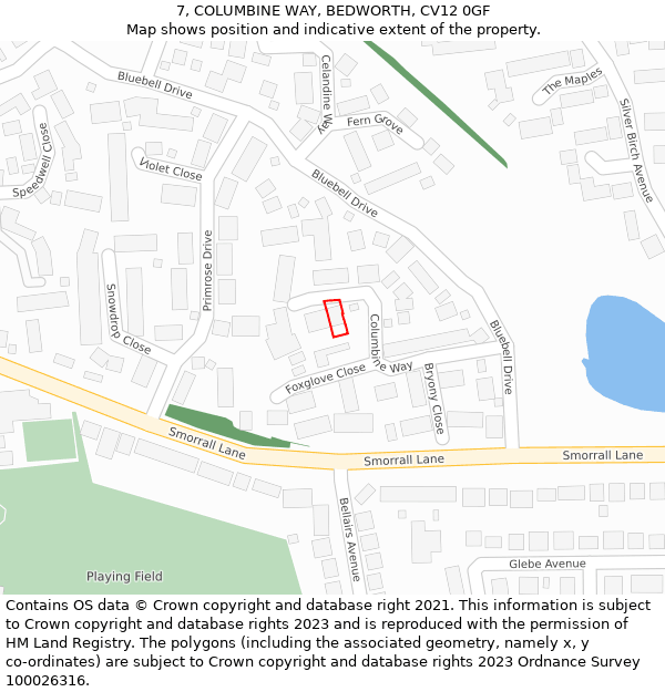 7, COLUMBINE WAY, BEDWORTH, CV12 0GF: Location map and indicative extent of plot