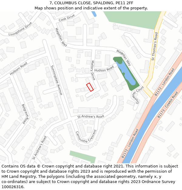 7, COLUMBUS CLOSE, SPALDING, PE11 2FF: Location map and indicative extent of plot