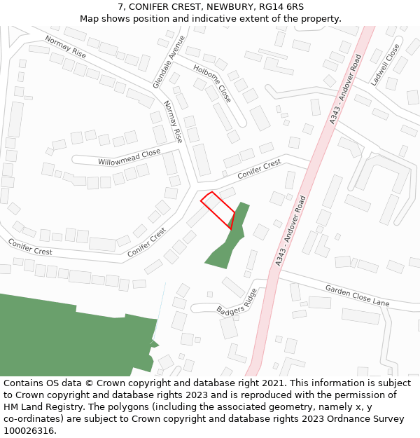 7, CONIFER CREST, NEWBURY, RG14 6RS: Location map and indicative extent of plot