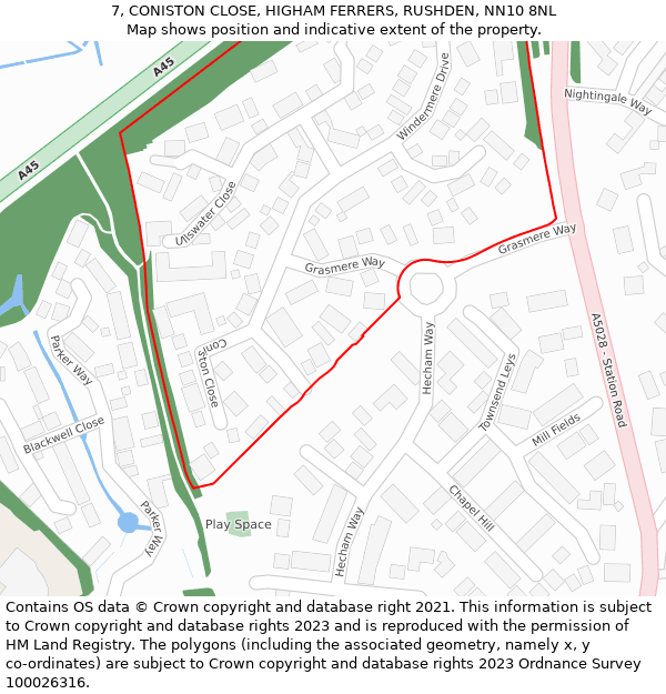 7, CONISTON CLOSE, HIGHAM FERRERS, RUSHDEN, NN10 8NL: Location map and indicative extent of plot