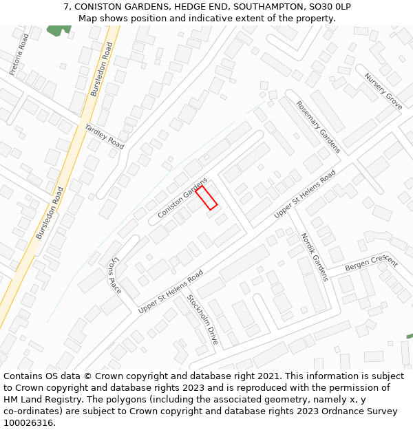 7, CONISTON GARDENS, HEDGE END, SOUTHAMPTON, SO30 0LP: Location map and indicative extent of plot