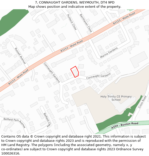 7, CONNAUGHT GARDENS, WEYMOUTH, DT4 9PD: Location map and indicative extent of plot
