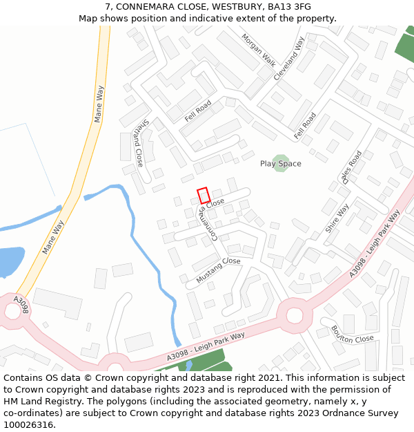7, CONNEMARA CLOSE, WESTBURY, BA13 3FG: Location map and indicative extent of plot