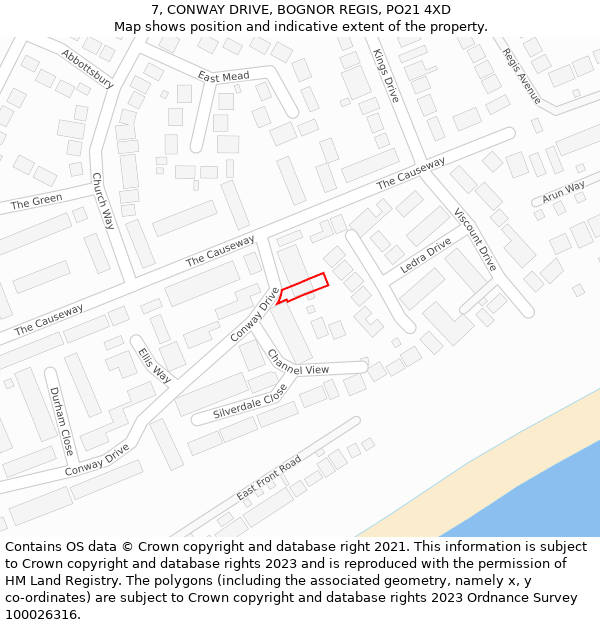 7, CONWAY DRIVE, BOGNOR REGIS, PO21 4XD: Location map and indicative extent of plot