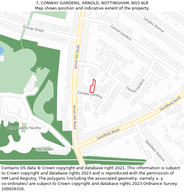 7, CONWAY GARDENS, ARNOLD, NOTTINGHAM, NG5 6LR: Location map and indicative extent of plot