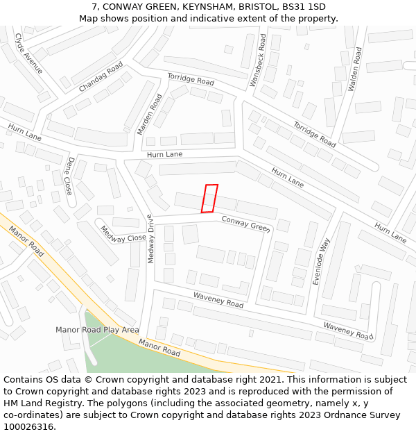 7, CONWAY GREEN, KEYNSHAM, BRISTOL, BS31 1SD: Location map and indicative extent of plot