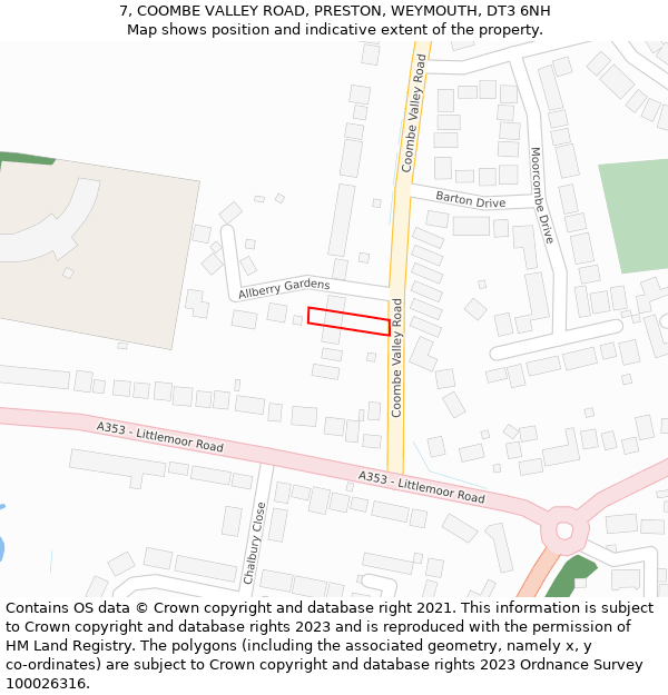 7, COOMBE VALLEY ROAD, PRESTON, WEYMOUTH, DT3 6NH: Location map and indicative extent of plot