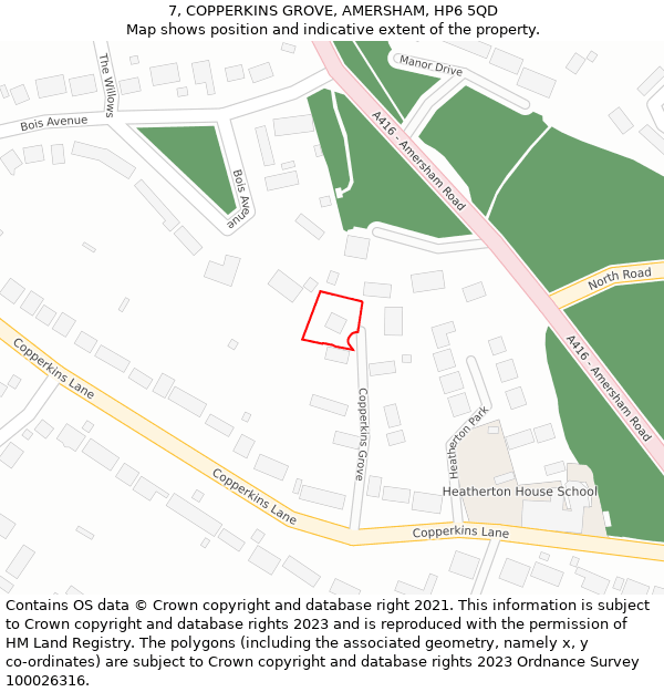 7, COPPERKINS GROVE, AMERSHAM, HP6 5QD: Location map and indicative extent of plot