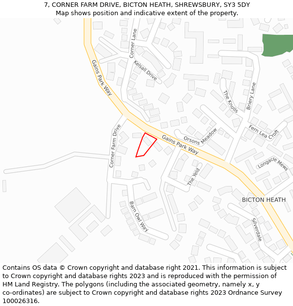 7, CORNER FARM DRIVE, BICTON HEATH, SHREWSBURY, SY3 5DY: Location map and indicative extent of plot