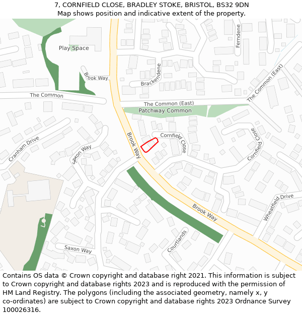 7, CORNFIELD CLOSE, BRADLEY STOKE, BRISTOL, BS32 9DN: Location map and indicative extent of plot