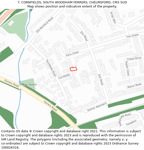 7, CORNFIELDS, SOUTH WOODHAM FERRERS, CHELMSFORD, CM3 5UD: Location map and indicative extent of plot