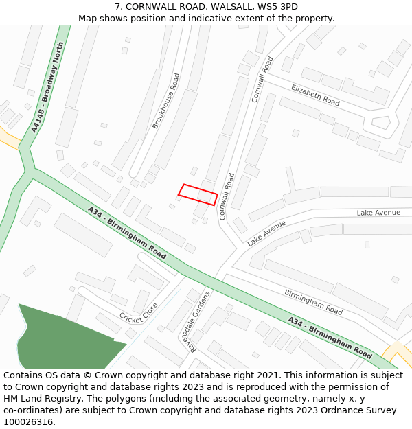 7, CORNWALL ROAD, WALSALL, WS5 3PD: Location map and indicative extent of plot