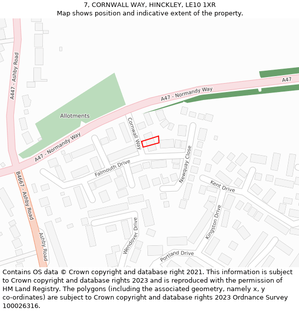 7, CORNWALL WAY, HINCKLEY, LE10 1XR: Location map and indicative extent of plot