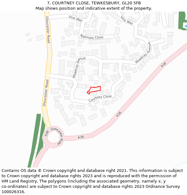 7, COURTNEY CLOSE, TEWKESBURY, GL20 5FB: Location map and indicative extent of plot