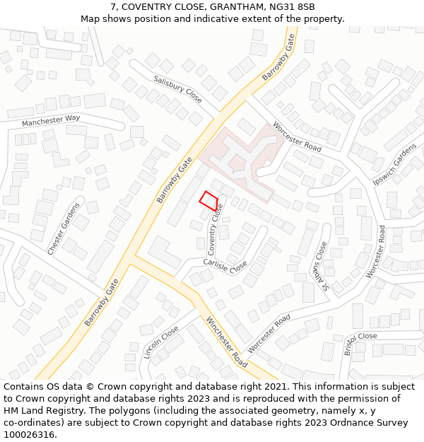 7, COVENTRY CLOSE, GRANTHAM, NG31 8SB: Location map and indicative extent of plot